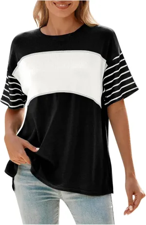 Summer Tops for Women Trendy Oversized 2025 Crew Neck Casual Color Block Striped Shirts Loose Split Hem Tee Blouses