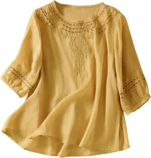 Summer Women Cotton Linen T-Shirt Tops Fashion Half Sleeve Floral Embroidered Shirts Casual Loose Boho Blouses Babydoll