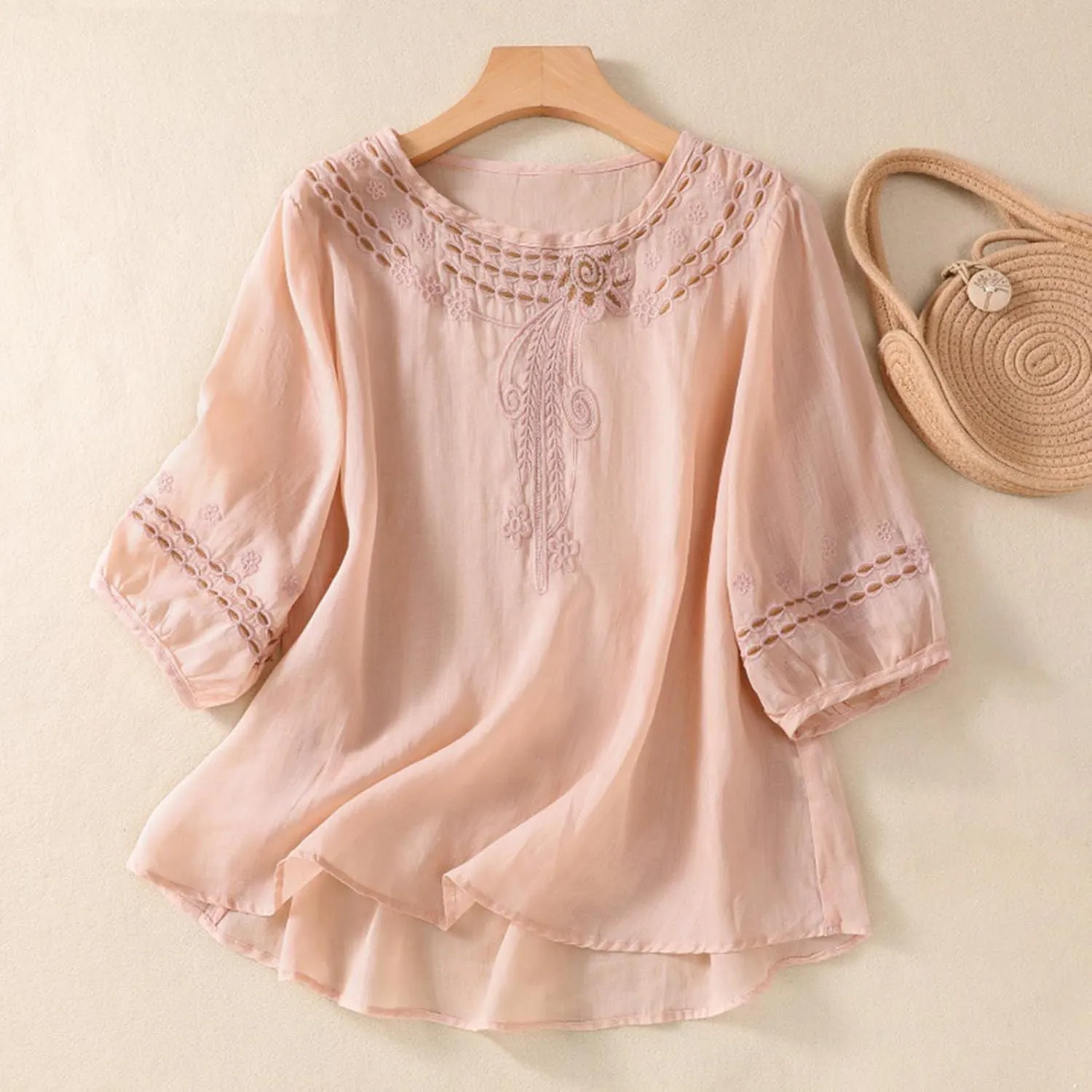 Summer Women Cotton Linen T-Shirt Tops Fashion Half Sleeve Floral Embroidered Shirts Casual Loose Boho Blouses Babydoll