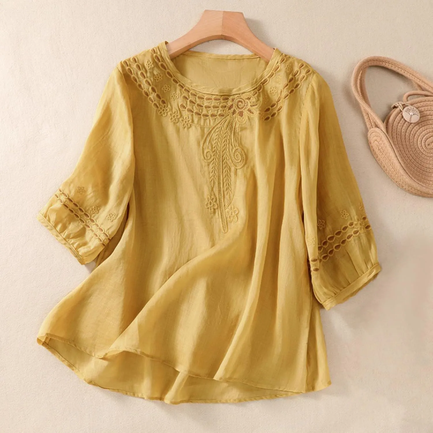 Summer Women Cotton Linen T-Shirt Tops Fashion Half Sleeve Floral Embroidered Shirts Casual Loose Boho Blouses Babydoll