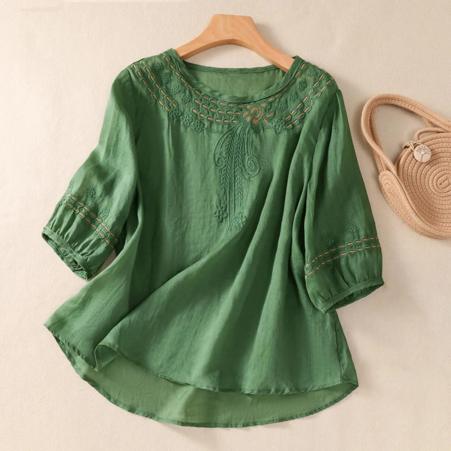 Summer Women Cotton Linen T-Shirt Tops Fashion Half Sleeve Floral Embroidered Shirts Casual Loose Boho Blouses Babydoll