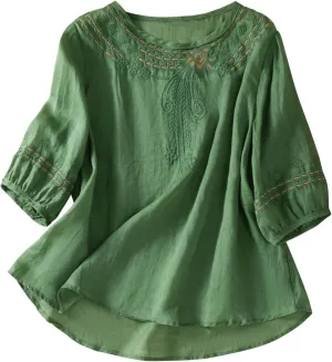 Summer Women Cotton Linen T-Shirt Tops Fashion Half Sleeve Floral Embroidered Shirts Casual Loose Boho Blouses Babydoll