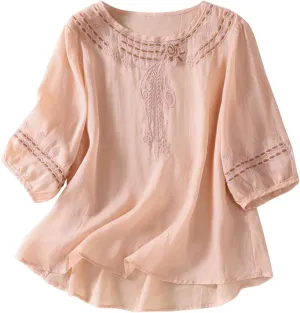 Summer Women Cotton Linen T-Shirt Tops Fashion Half Sleeve Floral Embroidered Shirts Casual Loose Boho Blouses Babydoll
