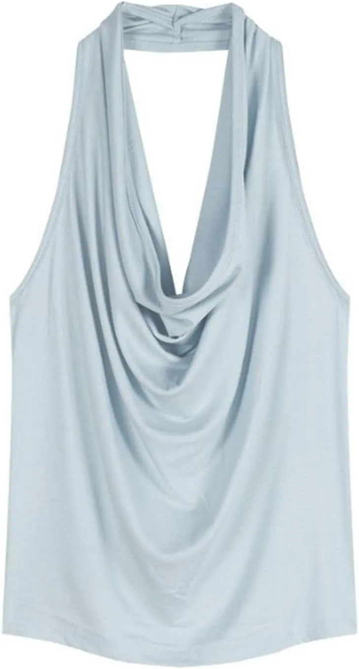 Summer Womens Sexy Cowl & Halter Neck Tops Sleeveless Pleated Open Back Crop Tops for Beach/Resort/Club Outfits​