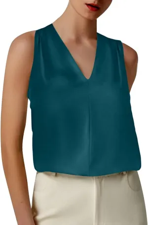 Summer Women's Silk Satin Tops Pleated V-Neck Sleeveless Blouses for Business/Vacation Dressy Casual Outfits​