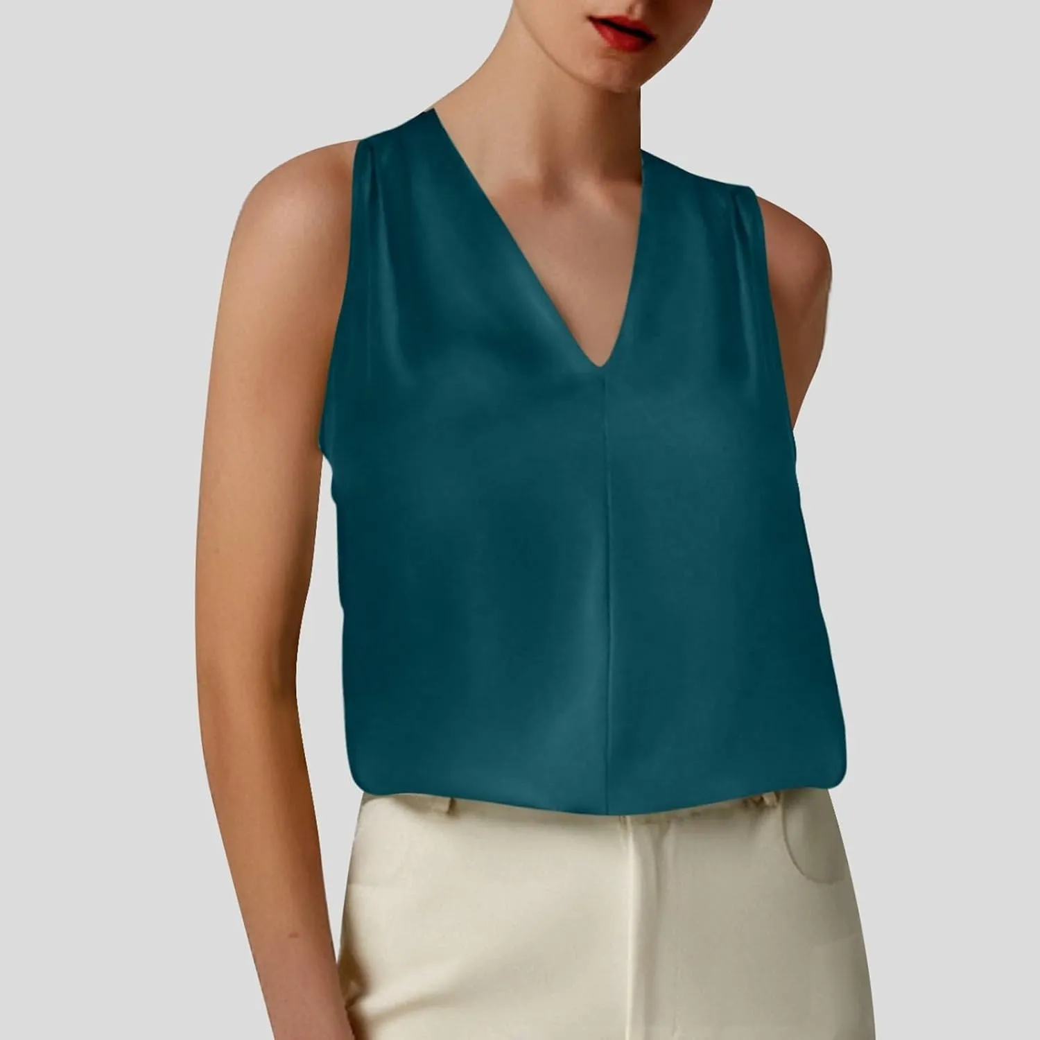 Summer Women's Silk Satin Tops Pleated V-Neck Sleeveless Blouses for Business/Vacation Dressy Casual Outfits​
