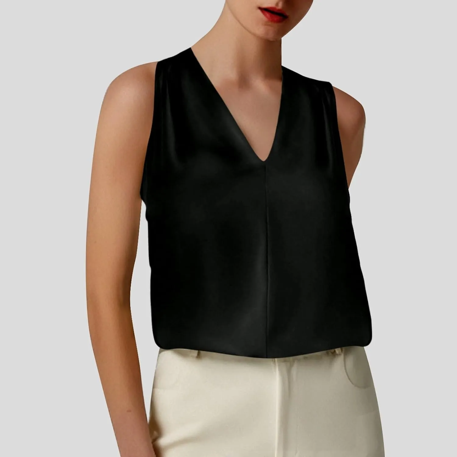Summer Women's Silk Satin Tops Pleated V-Neck Sleeveless Blouses for Business/Vacation Dressy Casual Outfits​