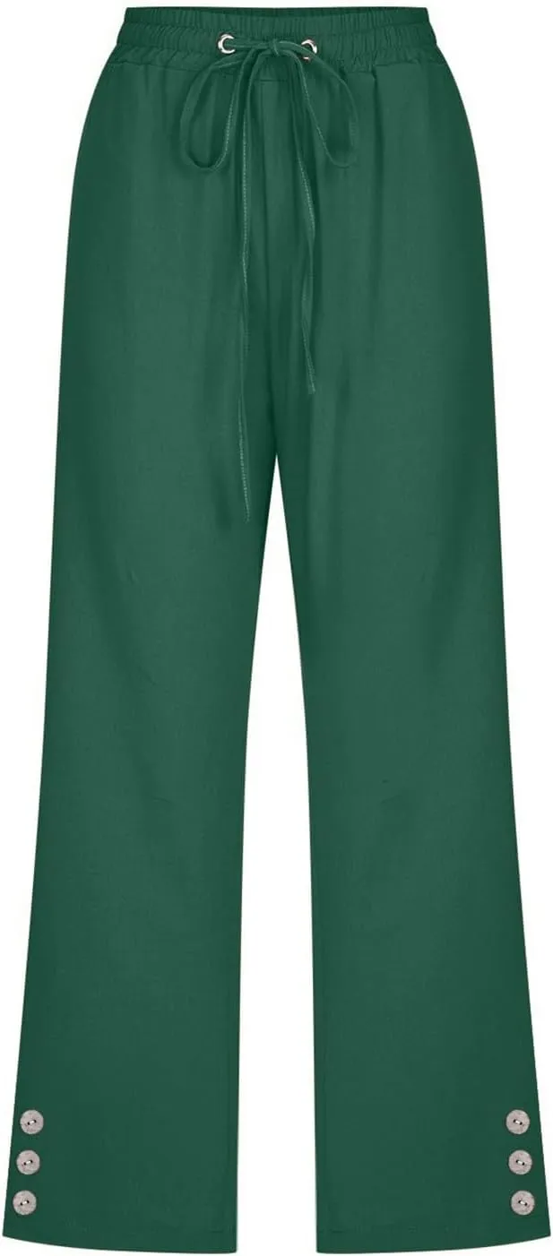 Sunward Capri Linen Pants for Women Wide Leg Casual Cotton Pant Loose Drawstrings High Waist Lounge Trousers with Pocket