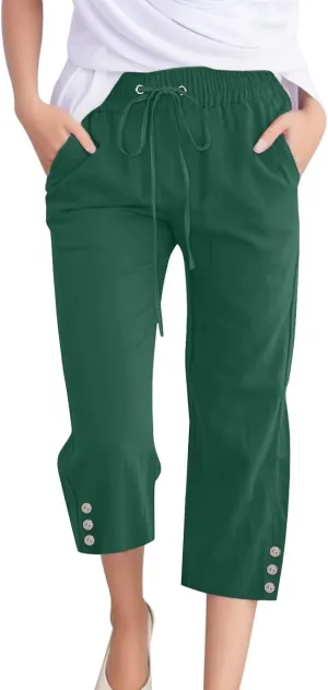 Sunward Capri Linen Pants for Women Wide Leg Casual Cotton Pant Loose Drawstrings High Waist Lounge Trousers with Pocket