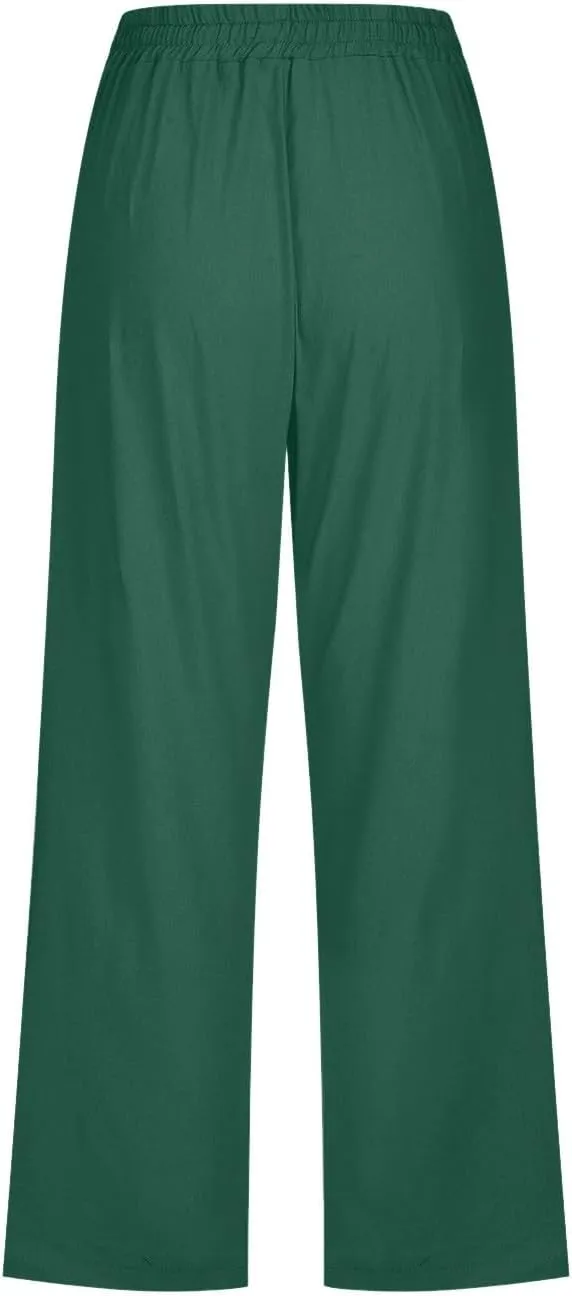 Sunward Capri Linen Pants for Women Wide Leg Casual Cotton Pant Loose Drawstrings High Waist Lounge Trousers with Pocket