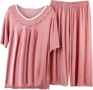 TANGNADE Plus Size Woman Pajamas Set Solid 2 Piece Pjs Short Sleeve and Capri Pants Oversized Sleepwear with Pockets
