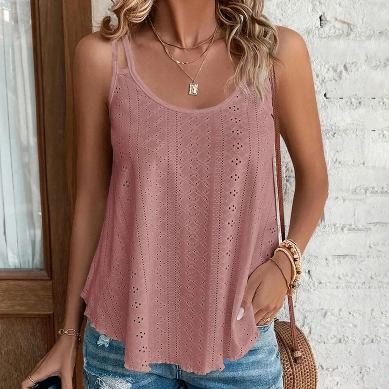 TANGNADE Summer Tank Tops for Women Pleated Spaghetti Strap Camisole Loose Fit Casual Sleeveless Pleated Flowy Tunic