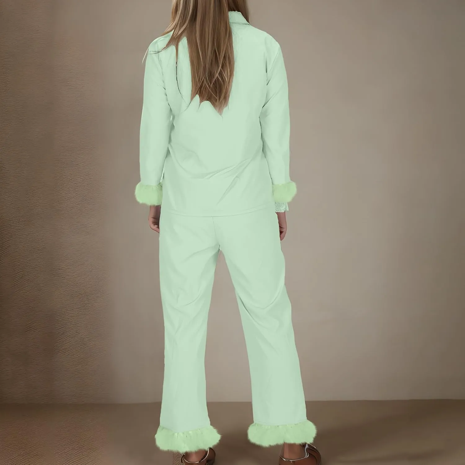TANGNADE Women's Pajama Sets Lapel Feather Trim Shirt And Pants Sleepwear 2 Piece Button Down Loungewear with Pockets