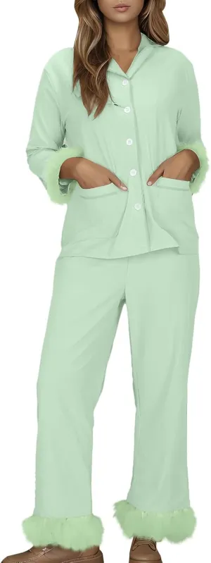 TANGNADE Women's Pajama Sets Lapel Feather Trim Shirt And Pants Sleepwear 2 Piece Button Down Loungewear with Pockets