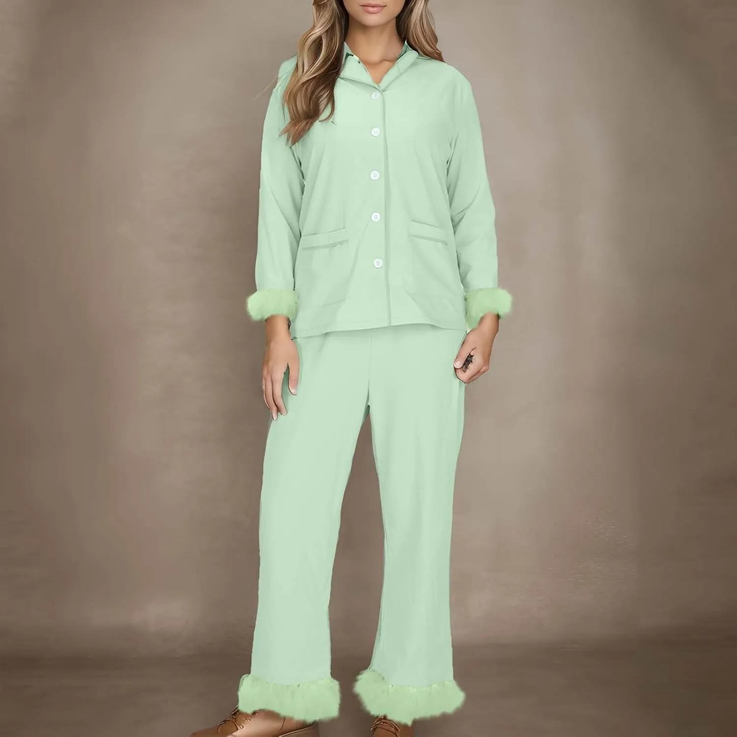 TANGNADE Women's Pajama Sets Lapel Feather Trim Shirt And Pants Sleepwear 2 Piece Button Down Loungewear with Pockets