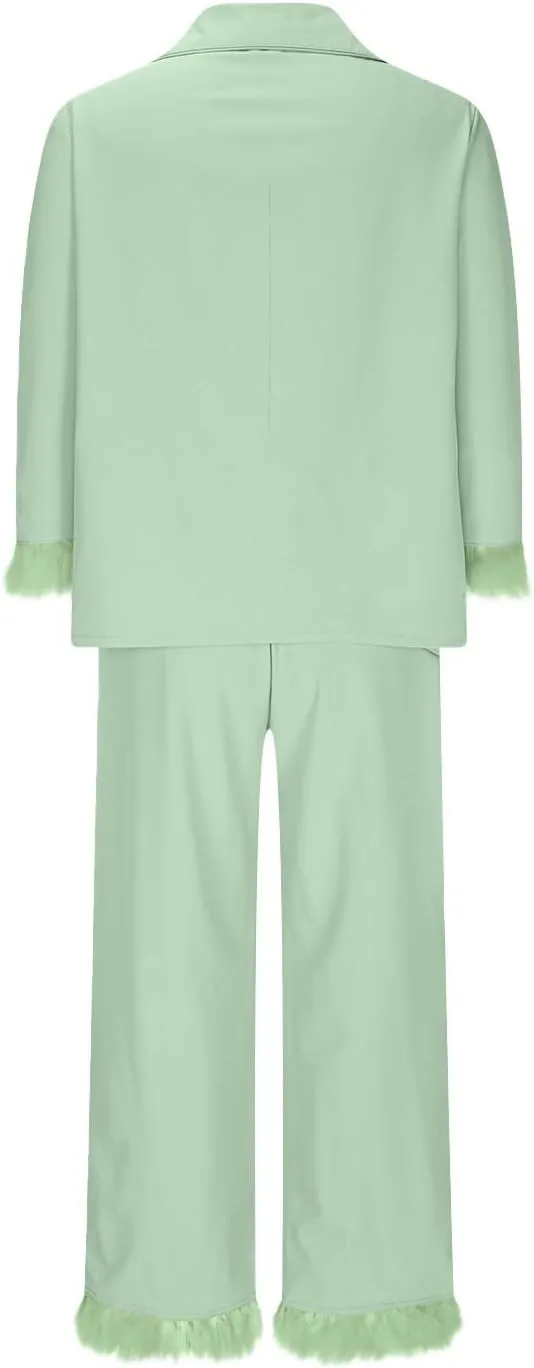 TANGNADE Women's Pajama Sets Lapel Feather Trim Shirt And Pants Sleepwear 2 Piece Button Down Loungewear with Pockets