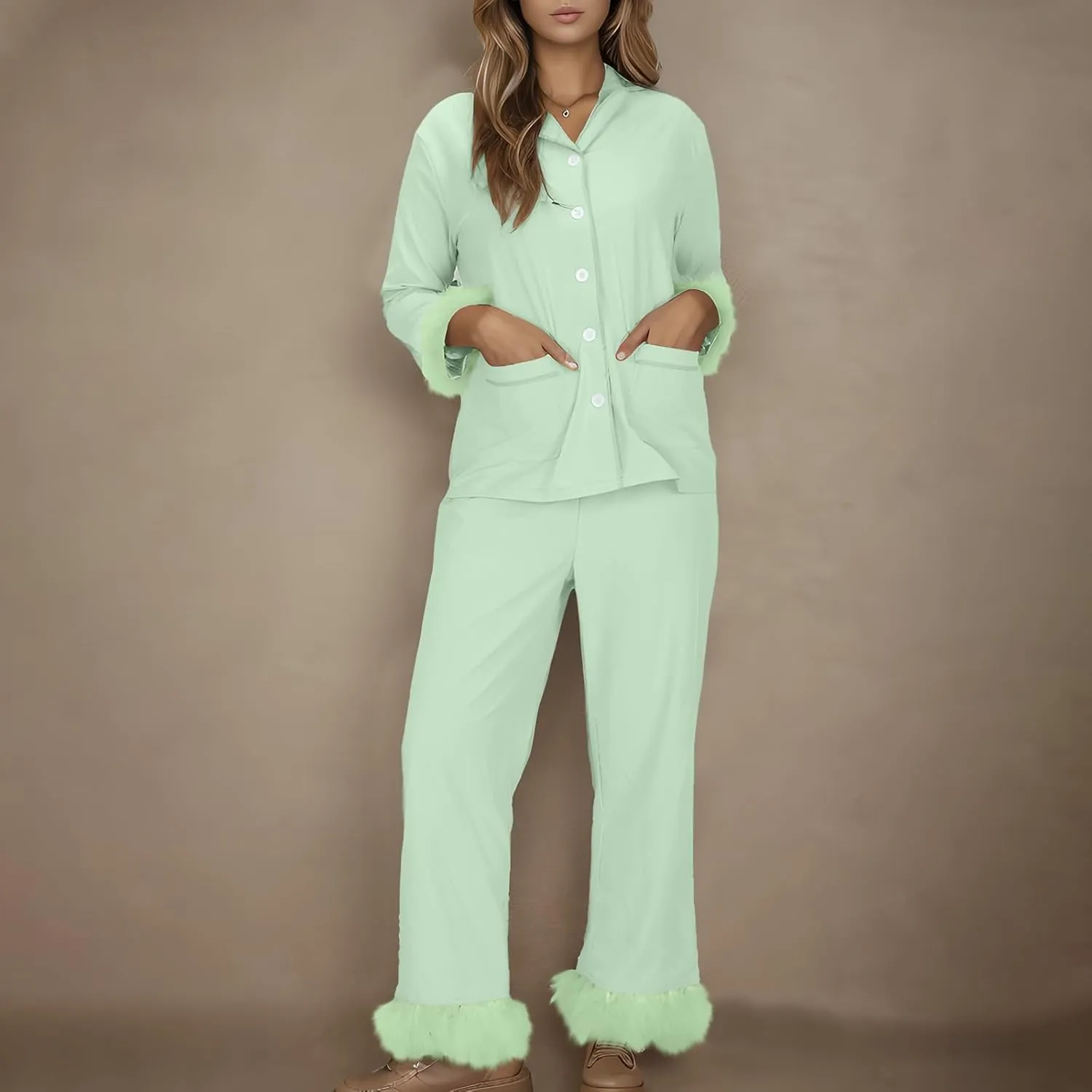 TANGNADE Women's Pajama Sets Lapel Feather Trim Shirt And Pants Sleepwear 2 Piece Button Down Loungewear with Pockets