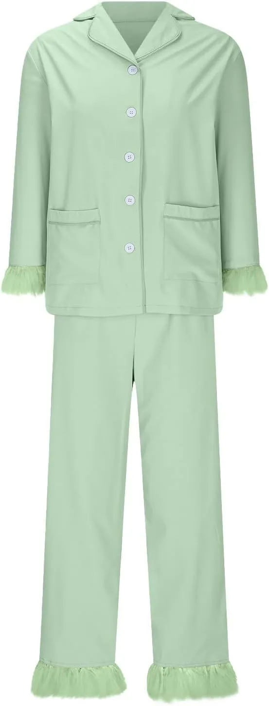 TANGNADE Women's Pajama Sets Lapel Feather Trim Shirt And Pants Sleepwear 2 Piece Button Down Loungewear with Pockets