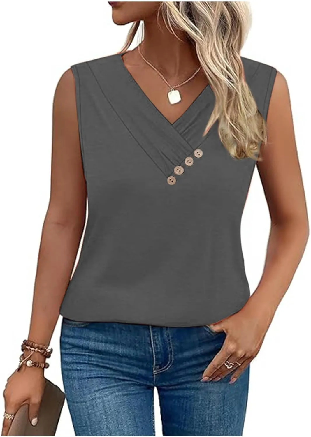Tank Top for Women Summer Pleated Button V Neck T Shirts Sleeveless Loose Fit Blouse 2025 Fashion Tunics