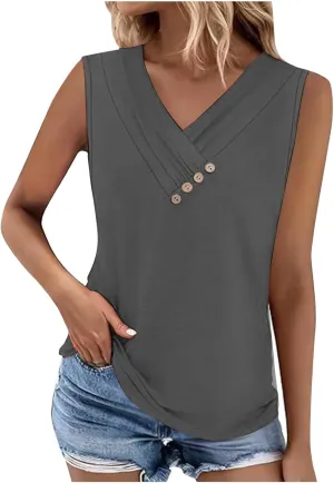 Tank Top for Women Summer Pleated Button V Neck T Shirts Sleeveless Loose Fit Blouse 2025 Fashion Tunics