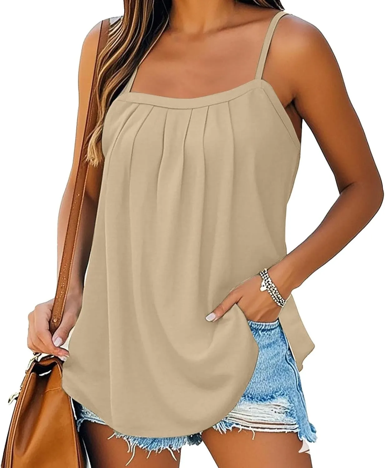 Tank Top for Women Summer Sleeveless Pleated Spaghetti Strap T Shirts Dressy Beach Vacation Clothes Fashion Outfits