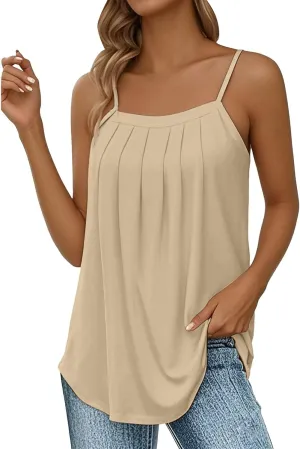 Tank Top for Women Summer Sleeveless Pleated Spaghetti Strap T Shirts Dressy Beach Vacation Clothes Fashion Outfits