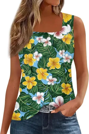 Tank Tops for Women 2025 Summer Outfits Loose Fit Pleated Square Neck Sleeveless Tops Casual Tunic Blouses