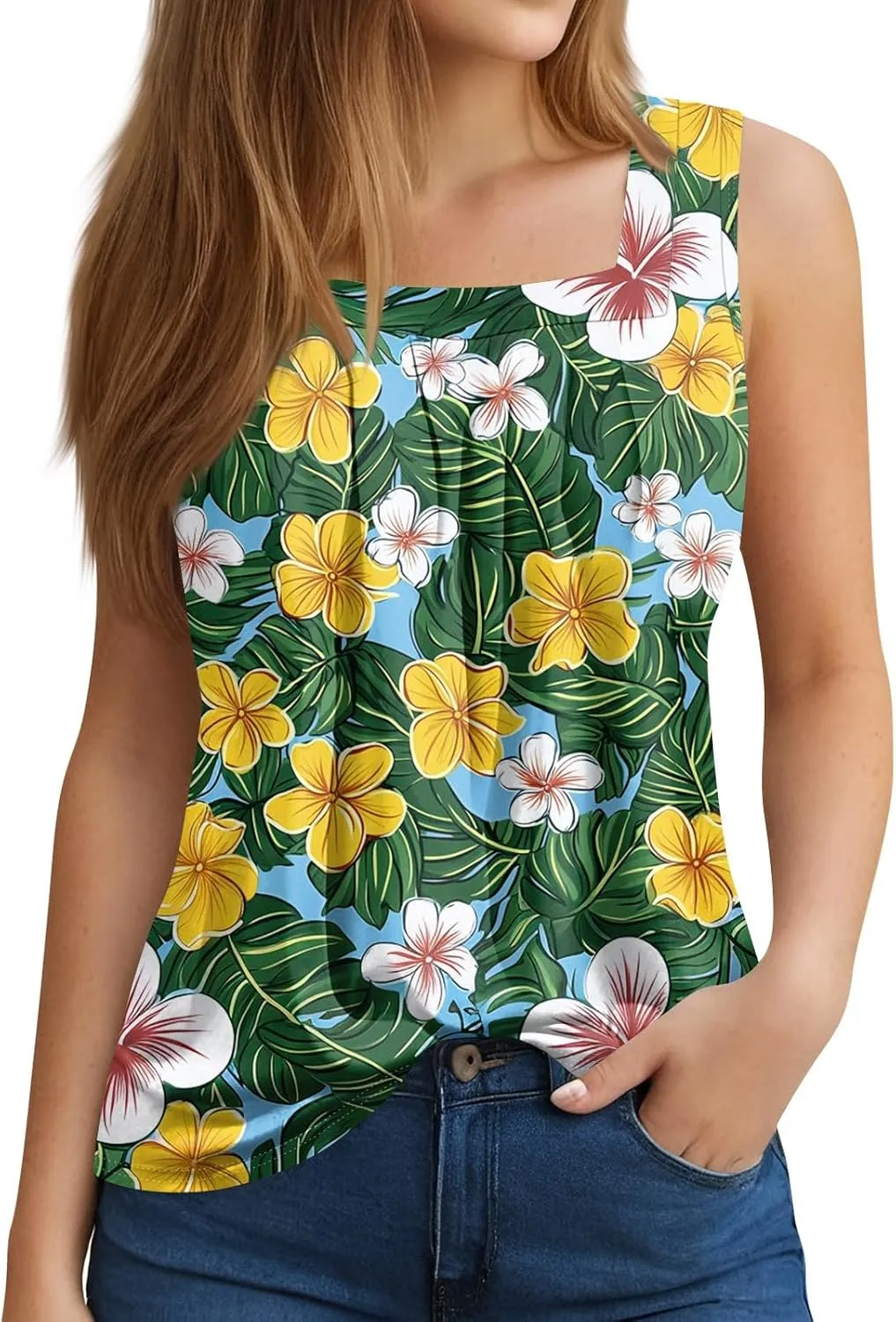 Tank Tops for Women 2025 Summer Outfits Loose Fit Pleated Square Neck Sleeveless Tops Casual Tunic Blouses