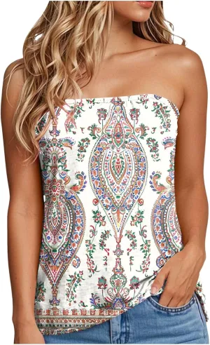 Tank Tops for Women 2025 Tube Tops Strapless Print Tanks Backless Sexy Casual Trendy Sleeveless Tshirts