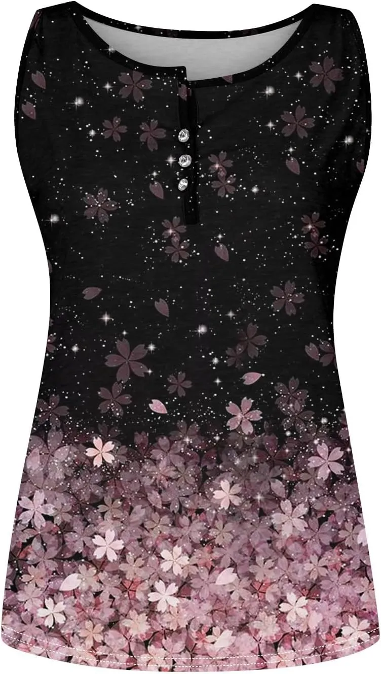 Tank Tops for Women Henley V Neck Printed Shirts 2025 Summer Casual Loose Fit Sleeveless Cute Basic Tanks Tee