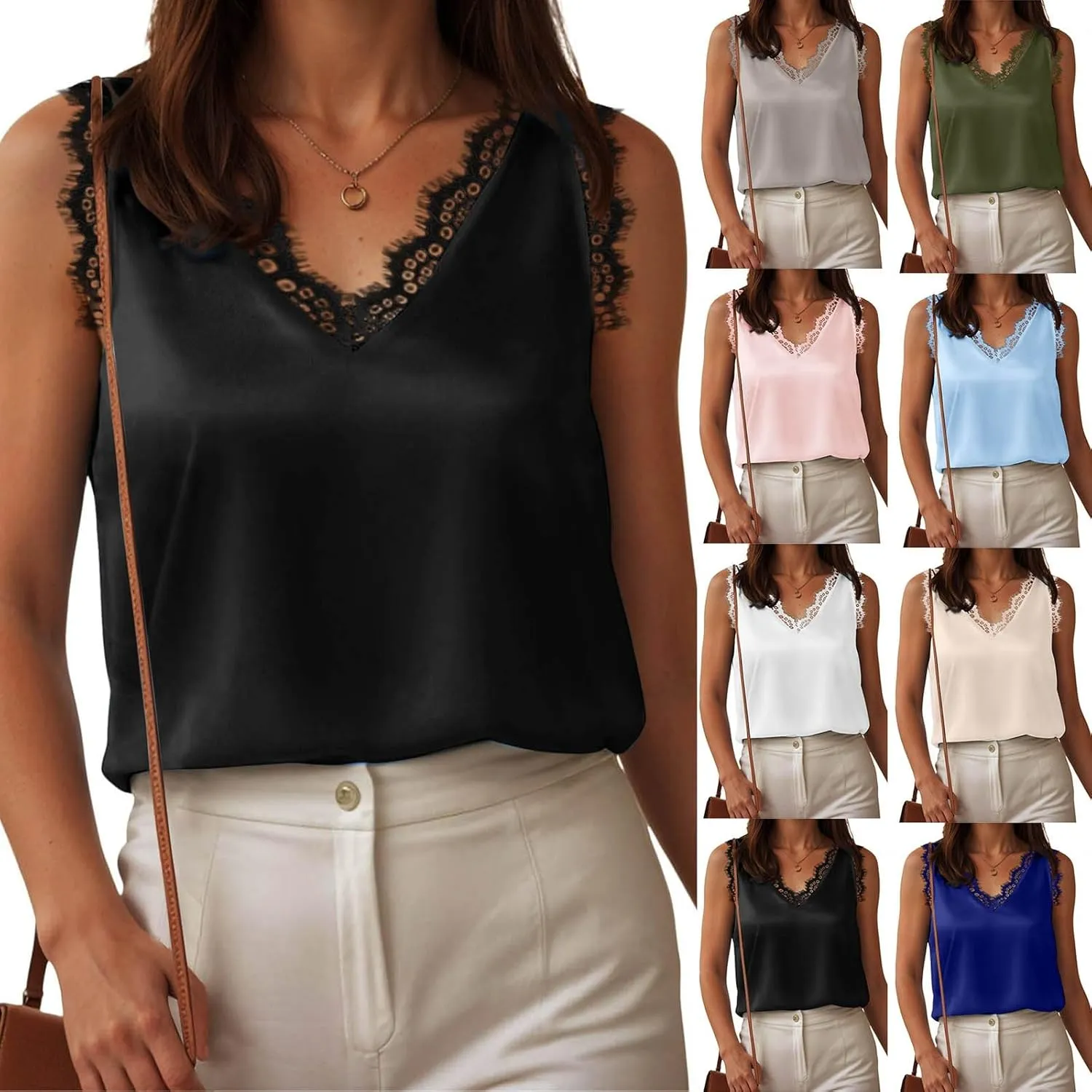 Tank Tops for Women Summer V Neck Silk Satin Blouse Sleeveless Shirt Business Casual Dressy Vacation Outfit