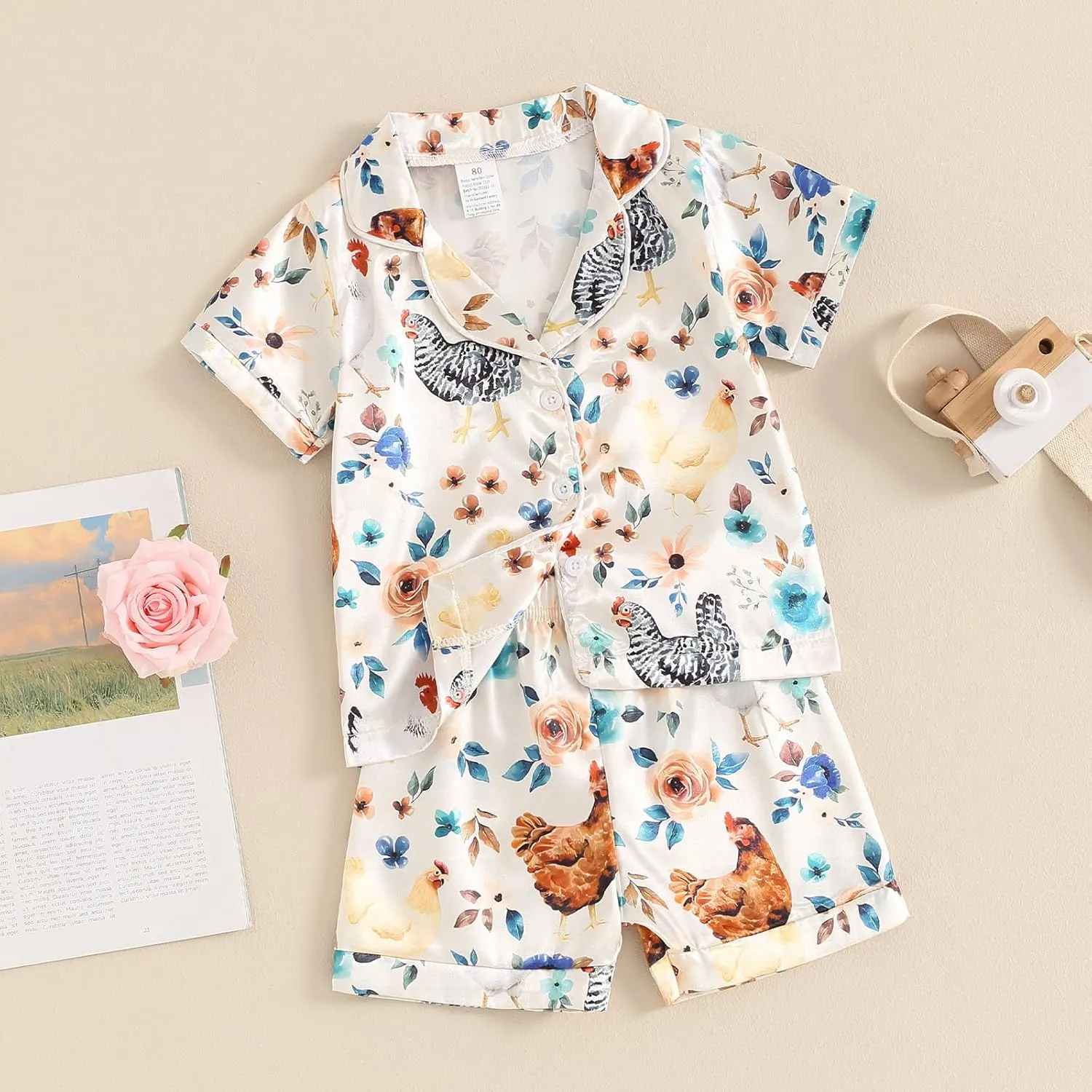 Toddler Baby Girls Summer Silk Pajamas Floral Print Short Sleeve Lapel Button Down Shirt Shorts Kids Satin Sleepwear