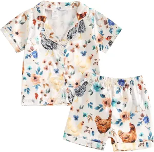 Toddler Baby Girls Summer Silk Pajamas Floral Print Short Sleeve Lapel Button Down Shirt Shorts Kids Satin Sleepwear