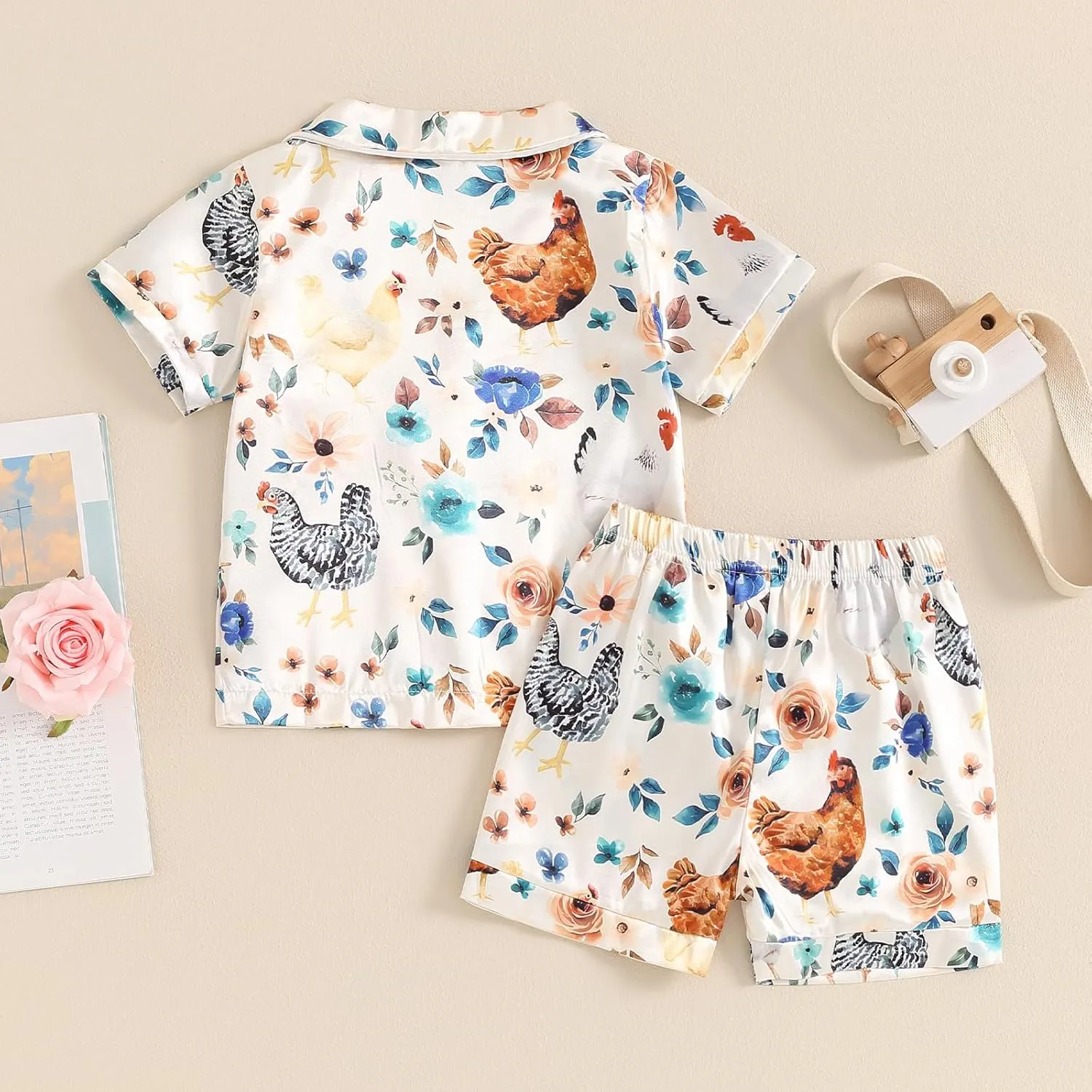 Toddler Baby Girls Summer Silk Pajamas Floral Print Short Sleeve Lapel Button Down Shirt Shorts Kids Satin Sleepwear