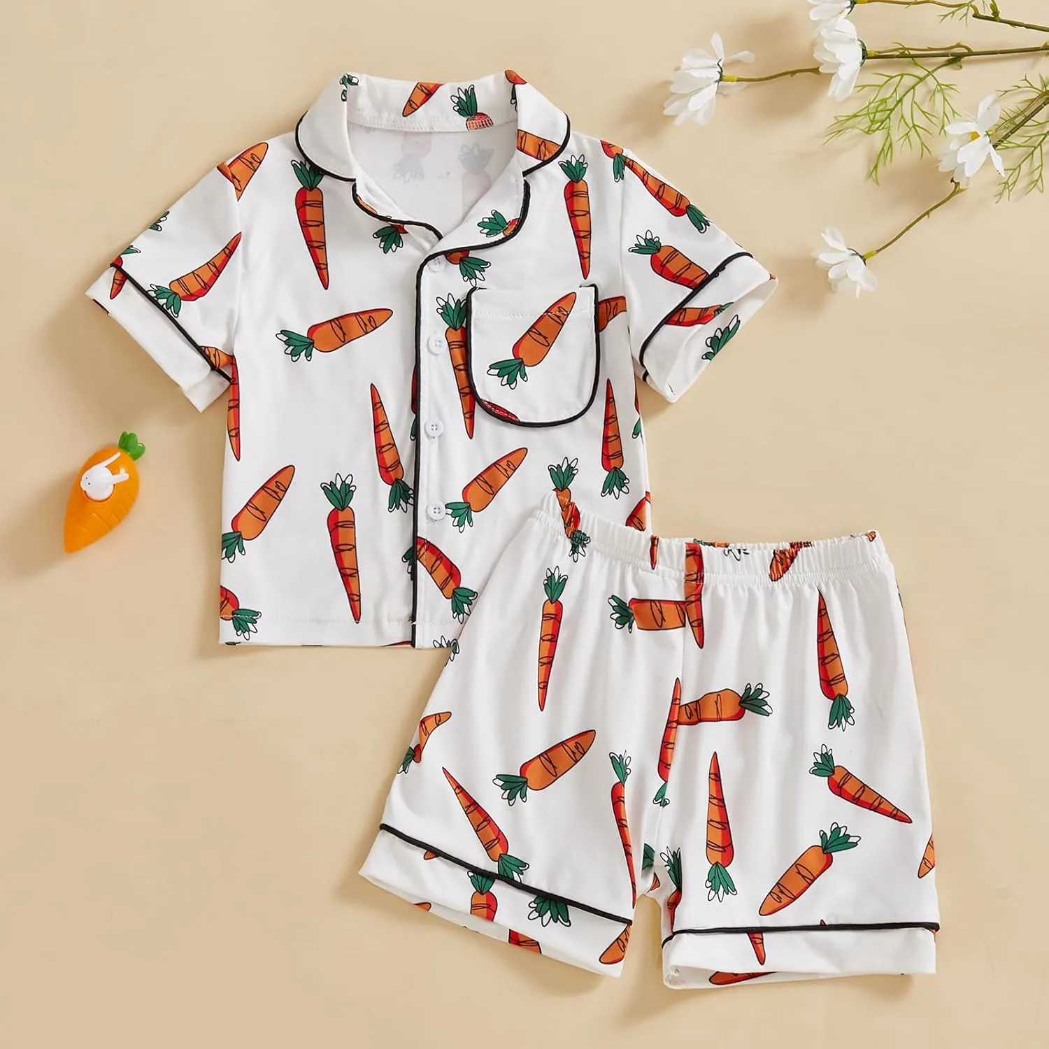 Toddler Girl Boy Easter Pajamas Set Cute Bunny Short Sleeve Button Down Shirt Top Elastic Shorts Sleepwear