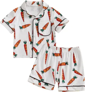 Toddler Girl Boy Easter Pajamas Set Cute Bunny Short Sleeve Button Down Shirt Top Elastic Shorts Sleepwear