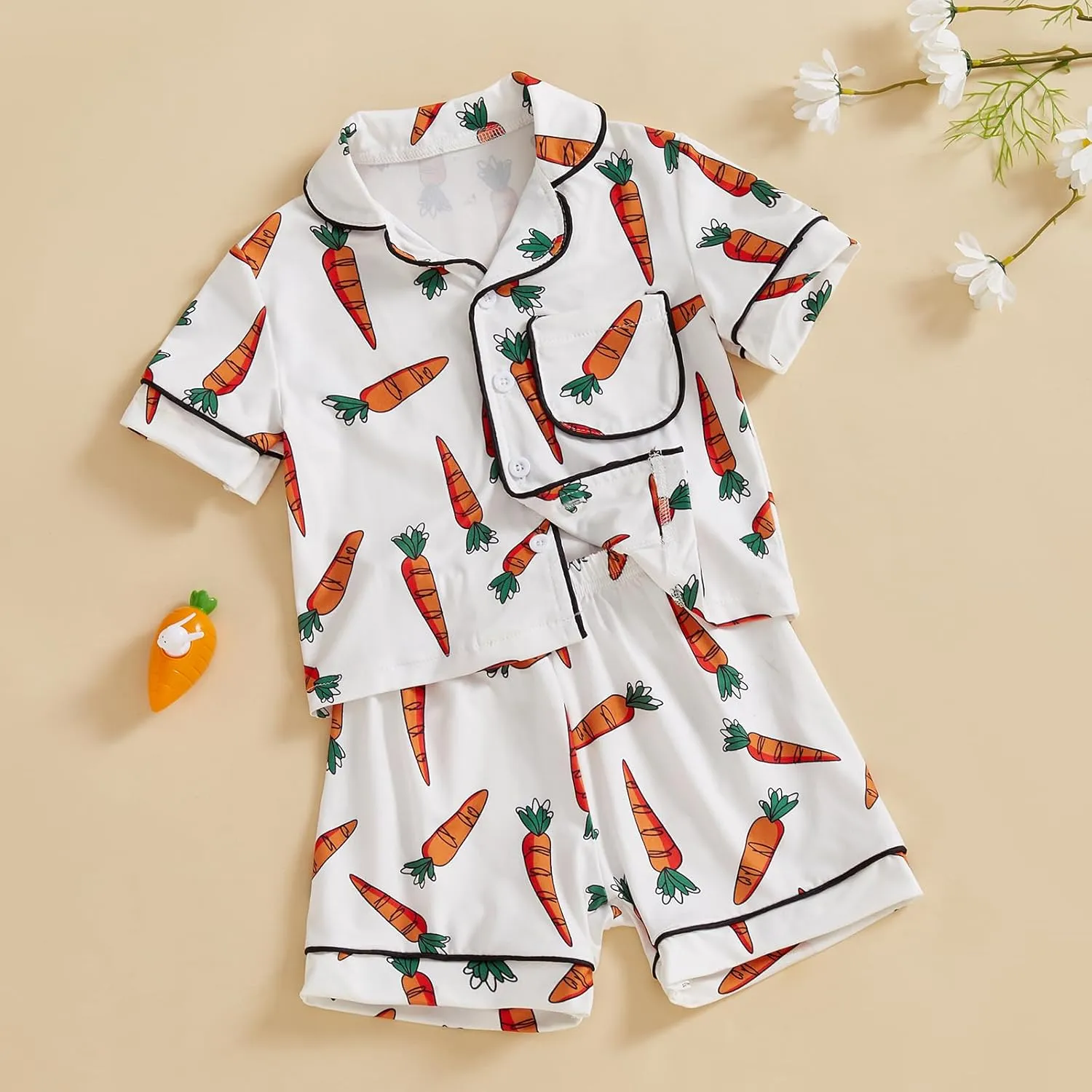 Toddler Girl Boy Easter Pajamas Set Cute Bunny Short Sleeve Button Down Shirt Top Elastic Shorts Sleepwear