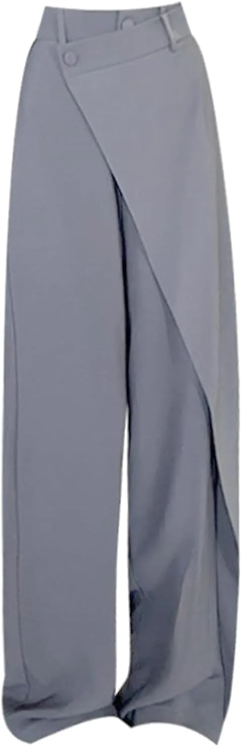 Trousers Pants for Women Asymmetrical Patchwork Design Solid Color Straight Wide-Leg Loose Fit Casual Pants