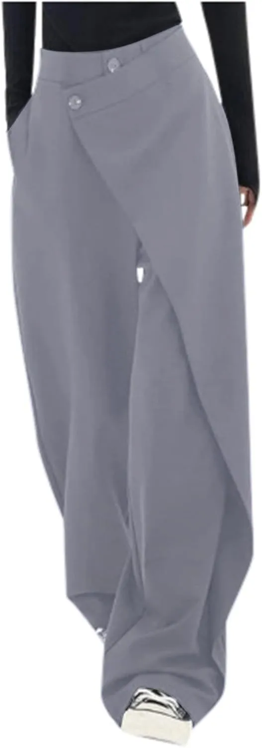 Trousers Pants for Women Asymmetrical Patchwork Design Solid Color Straight Wide-Leg Loose Fit Casual Pants