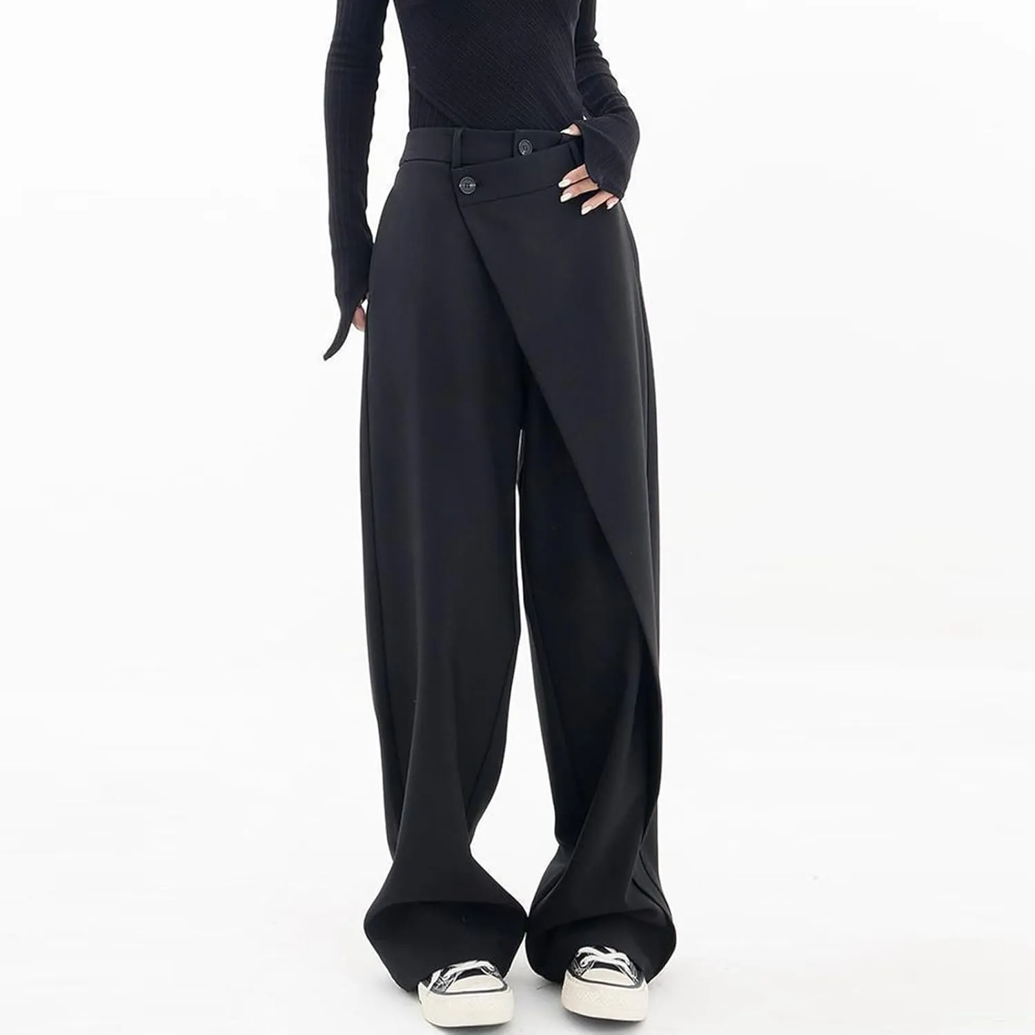 Trousers Pants for Women Asymmetrical Patchwork Design Solid Color Straight Wide-Leg Loose Fit Casual Pants