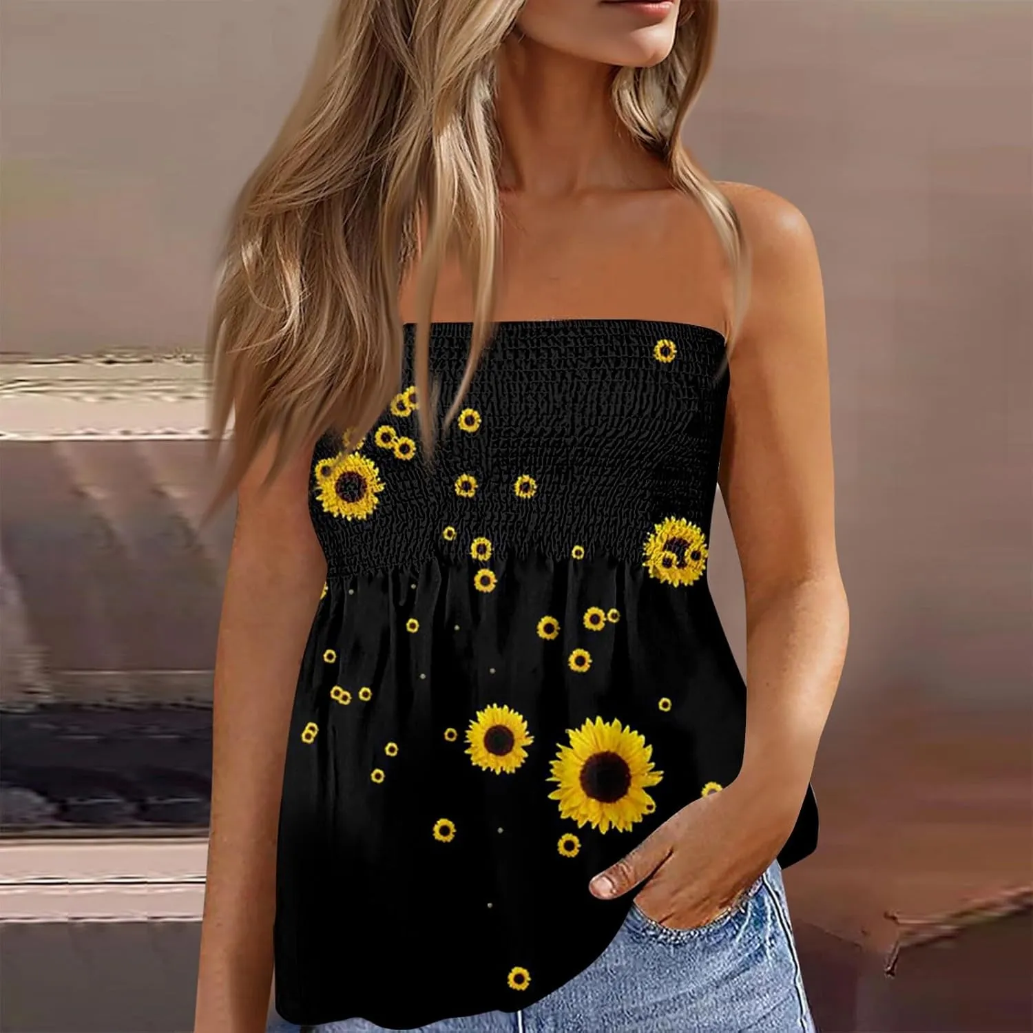 Tube Tops for Women Smocked Ruffled Floral Print Tanks Sleeveless Strapless Tube Tops Business Casual Bandeau