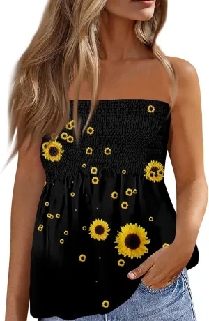 Tube Tops for Women Smocked Ruffled Floral Print Tanks Sleeveless Strapless Tube Tops Business Casual Bandeau