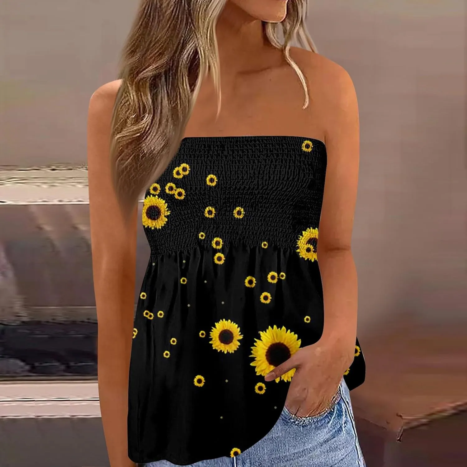 Tube Tops for Women Smocked Ruffled Floral Print Tanks Sleeveless Strapless Tube Tops Business Casual Bandeau