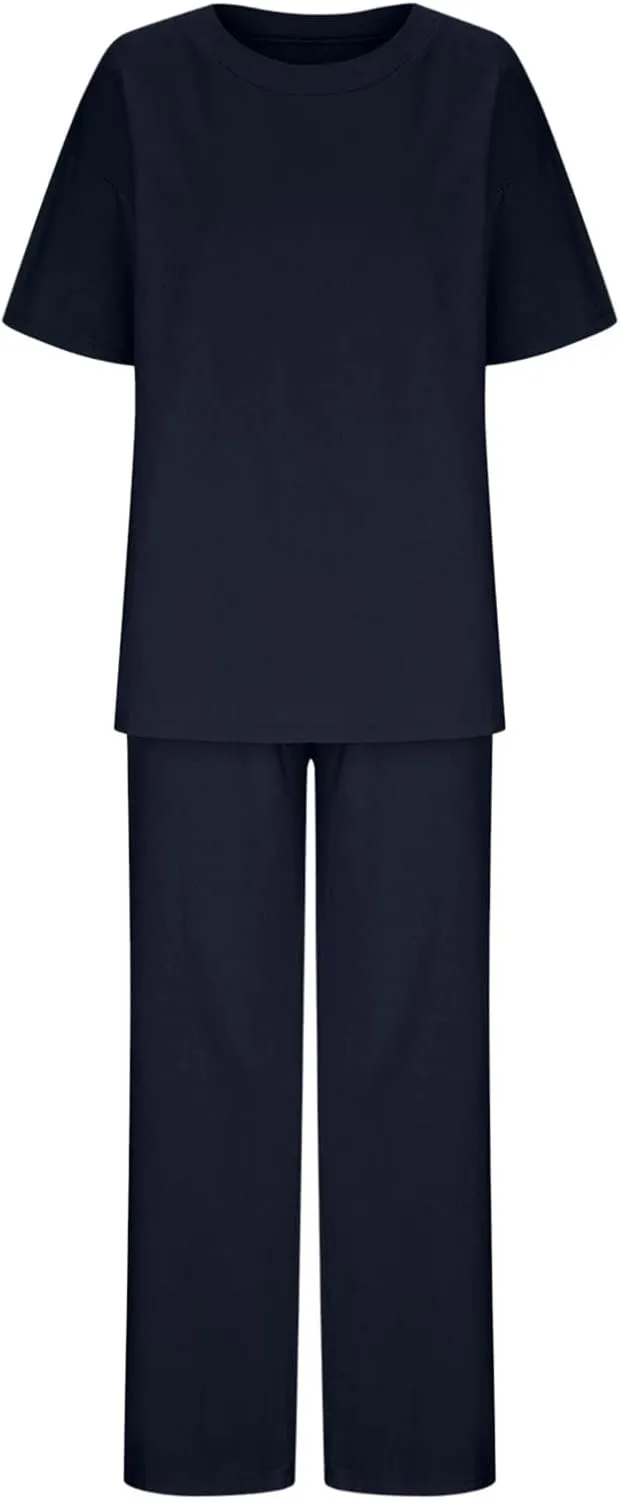 Two Piece Sets for Women Summer Linen Casual Outfit Crewneck 3/4 Sleeve Tops High Waist Wide Leg Pants with Pockets