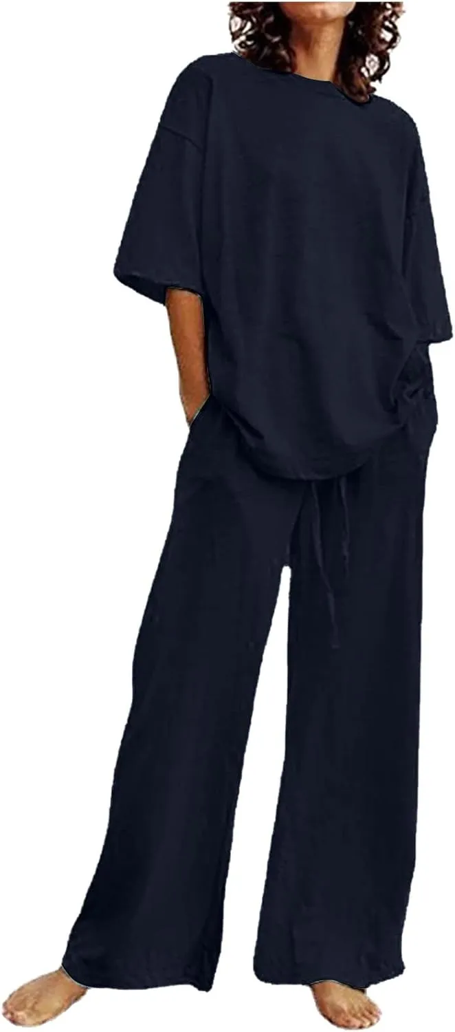 Two Piece Sets for Women Summer Linen Casual Outfit Crewneck 3/4 Sleeve Tops High Waist Wide Leg Pants with Pockets