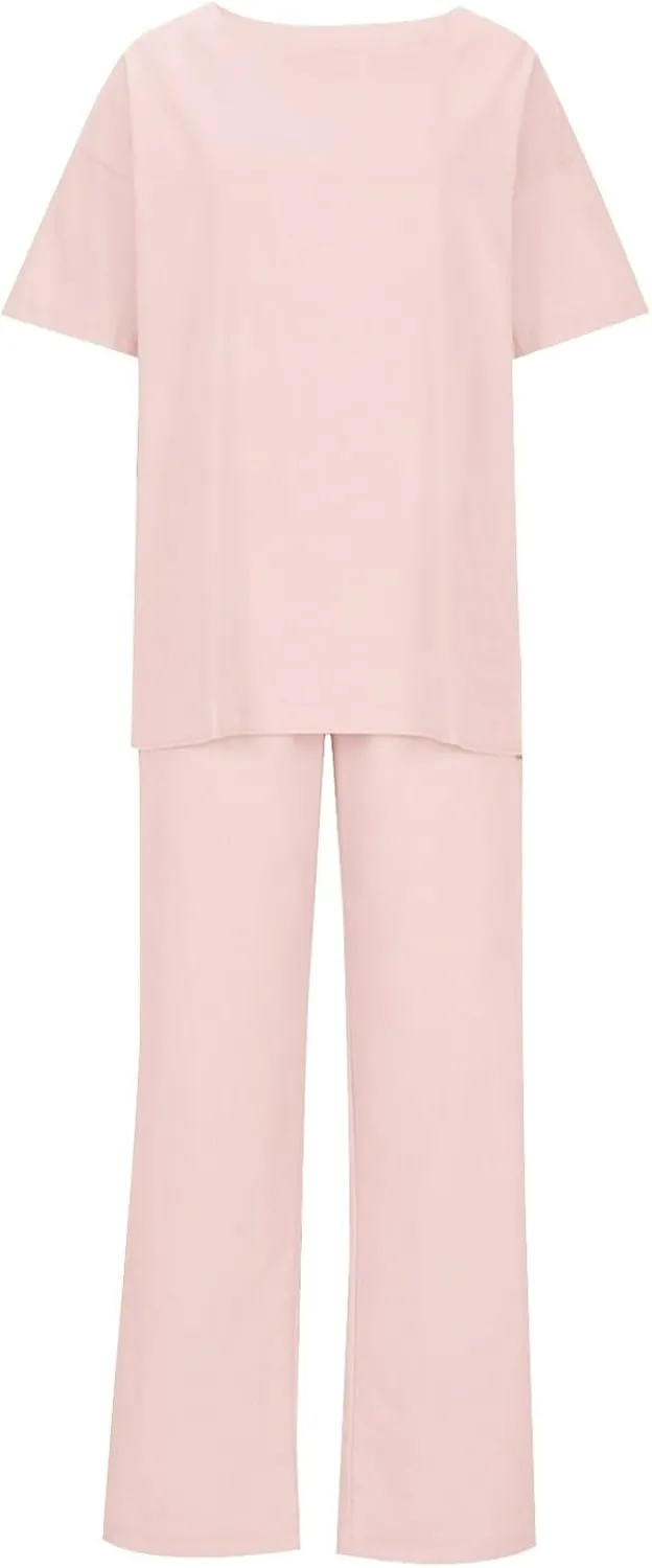 Two Piece Sets for Women Summer Linen Casual Outfit Crewneck 3/4 Sleeve Tops High Waist Wide Leg Pants with Pockets
