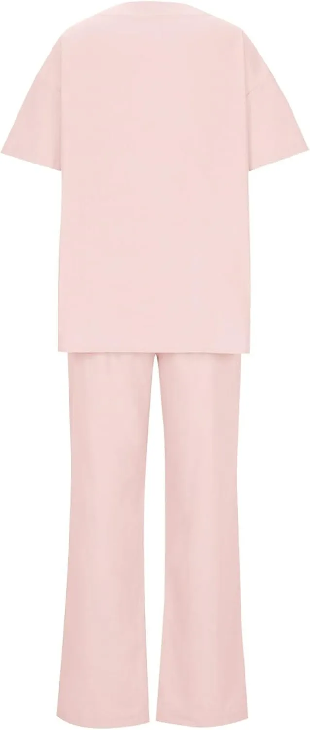 Two Piece Sets for Women Summer Linen Casual Outfit Crewneck 3/4 Sleeve Tops High Waist Wide Leg Pants with Pockets