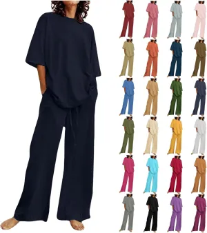 Two Piece Sets for Women Summer Linen Casual Outfit Crewneck 3/4 Sleeve Tops High Waist Wide Leg Pants with Pockets