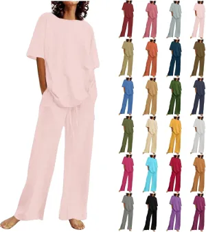 Two Piece Sets for Women Summer Linen Casual Outfit Crewneck 3/4 Sleeve Tops High Waist Wide Leg Pants with Pockets