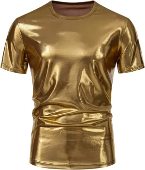 Uillui Mens Metallic T-Shirts 70s Gold/Sliver Shiny Shirts Disco Outfits Holographic Short Sleeve Party Clubwear Shirts